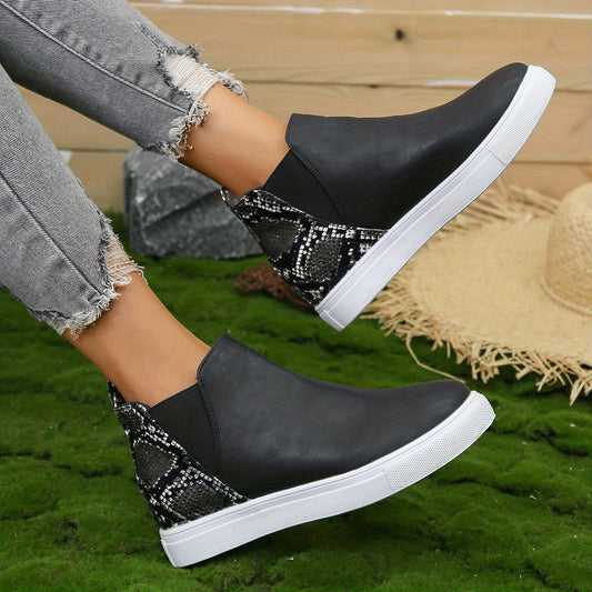 Women's Snakeskin Pattern Slip-On Ankle Boots Walking Shoes