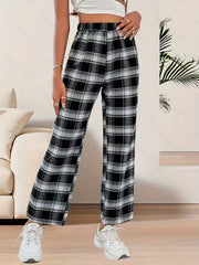 Plaid Print Straight Leg Pants Elastic Waist Casual Pants
