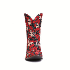Women's Rose & Skull Print Cowgirl Boots Chunky Heel Slip On Western Boots