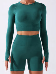 Yoga Workout Set Long Sleeve Top & High Waist Shorts Women's Activewear