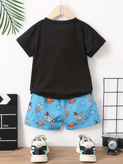 Boys Astronaut Rocket Print T-shirt & Shorts Set Kids Summer Outfit