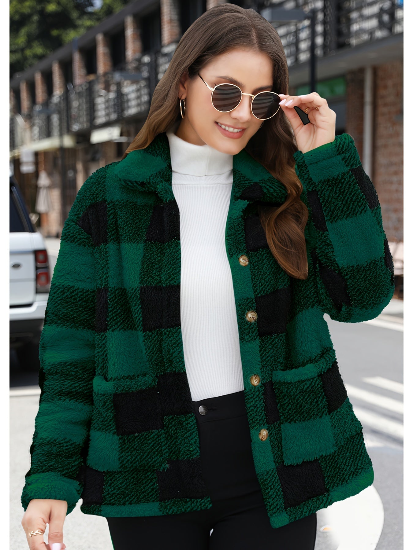 Plaid Print Teddy Coat Long Sleeve Winter Outwear