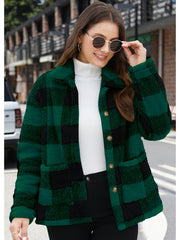 Plaid Print Teddy Coat Long Sleeve Winter Outwear