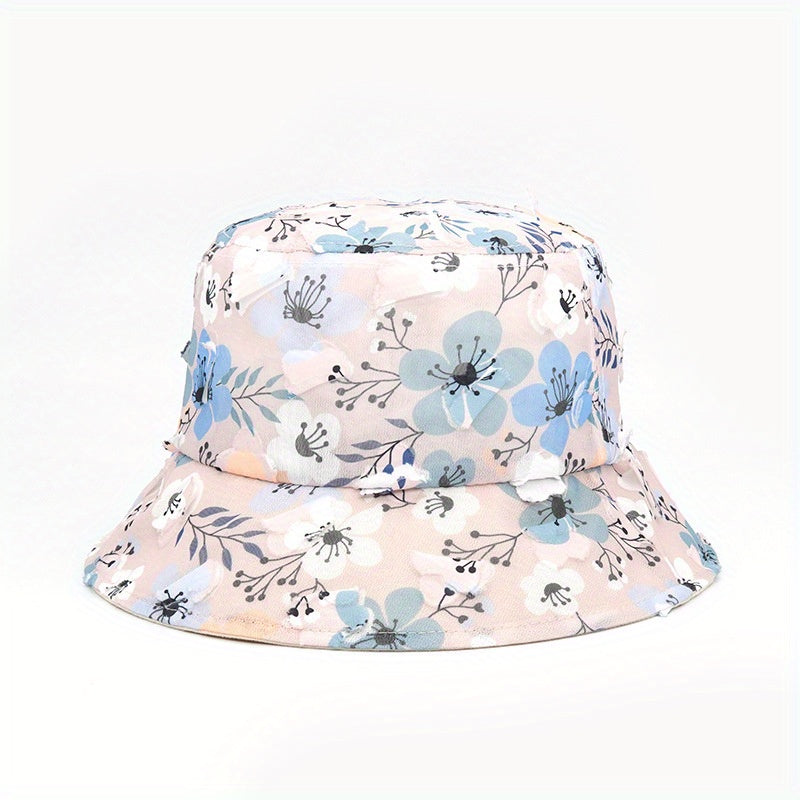 Pink Flower Print Bucket Hat Mesh Breathable Casual Basin Hat Lightweight Sunscr