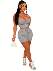 Solid Cami Top & Drawstring Waist Shorts Set
