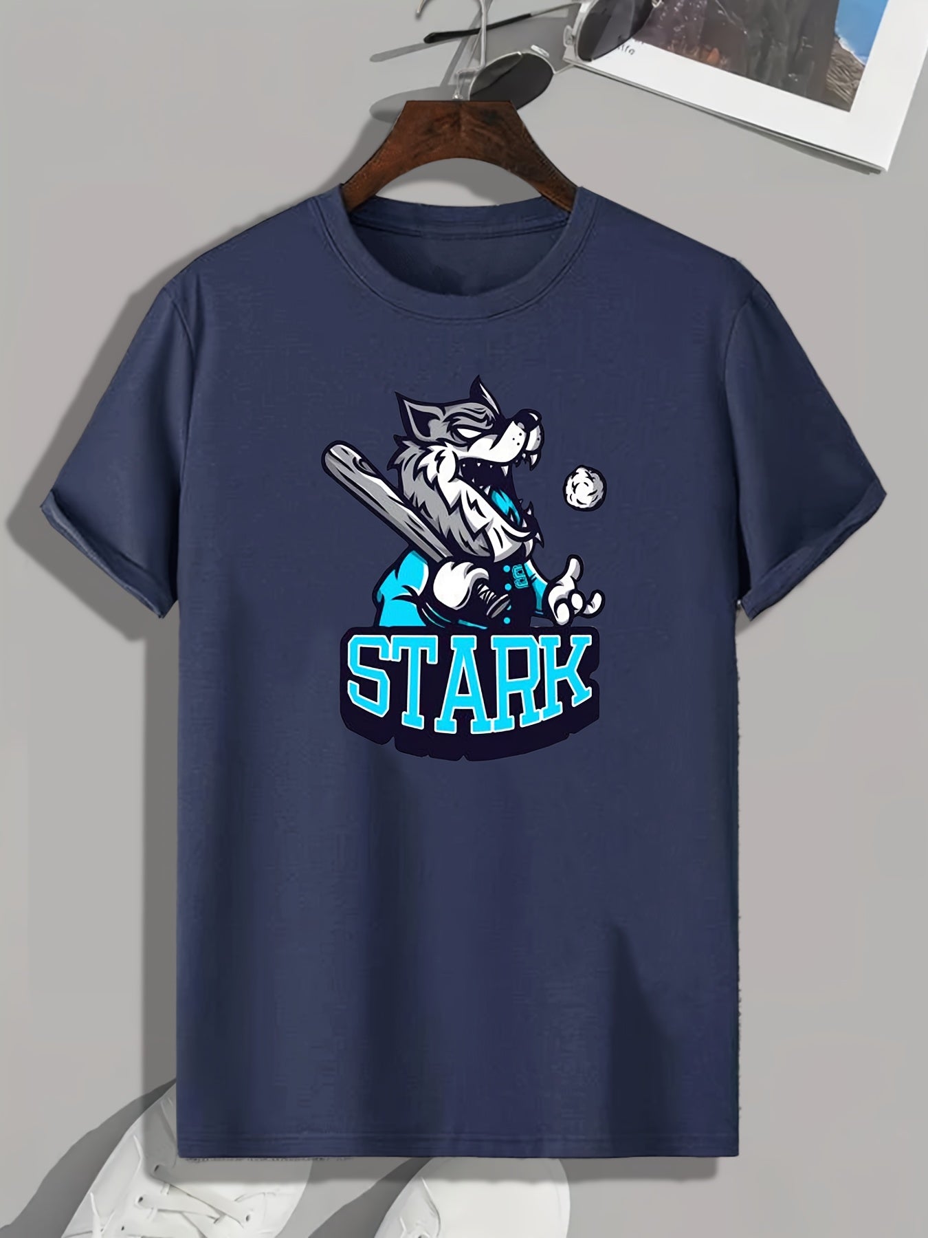 Wolf & Baseball Pattern Print Men's Comfy Sports T shirt
