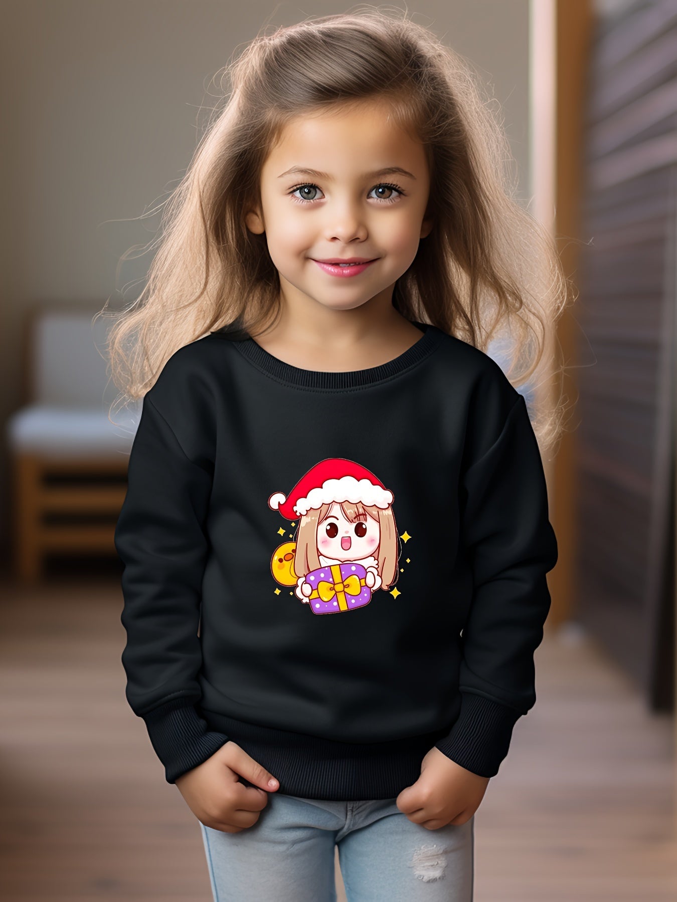 Cartoon Girls With Santa Hat Graphic Crew Neck Sweatshirt