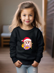 Cartoon Girls With Santa Hat Graphic Crew Neck Sweatshirt