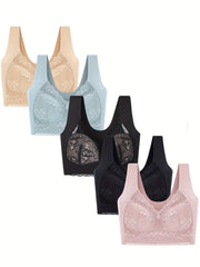 5pcs Lace Decor Wirefree Sports Bra for Women