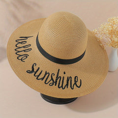 Hellow Sunshine Embroidery Sun Hat Wide Brim Sunscreen Straw Hat