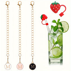 3pcs Initial Letter Chain Charm & 1pc Strawberry Straw Tip Cover for Water Cup