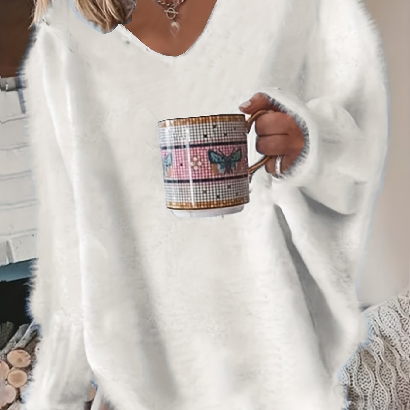 Solid Eyelash Long Sleeve V Neck Sweater