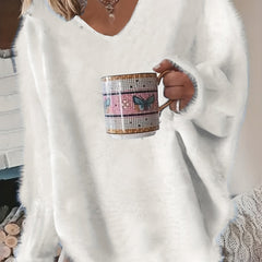 Solid Eyelash Long Sleeve V Neck Sweater