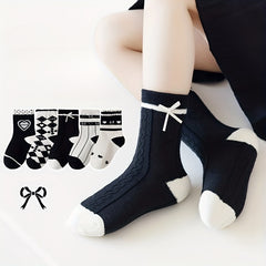 5pairs Girls Kids Heart Pattern Crew Socks for Children