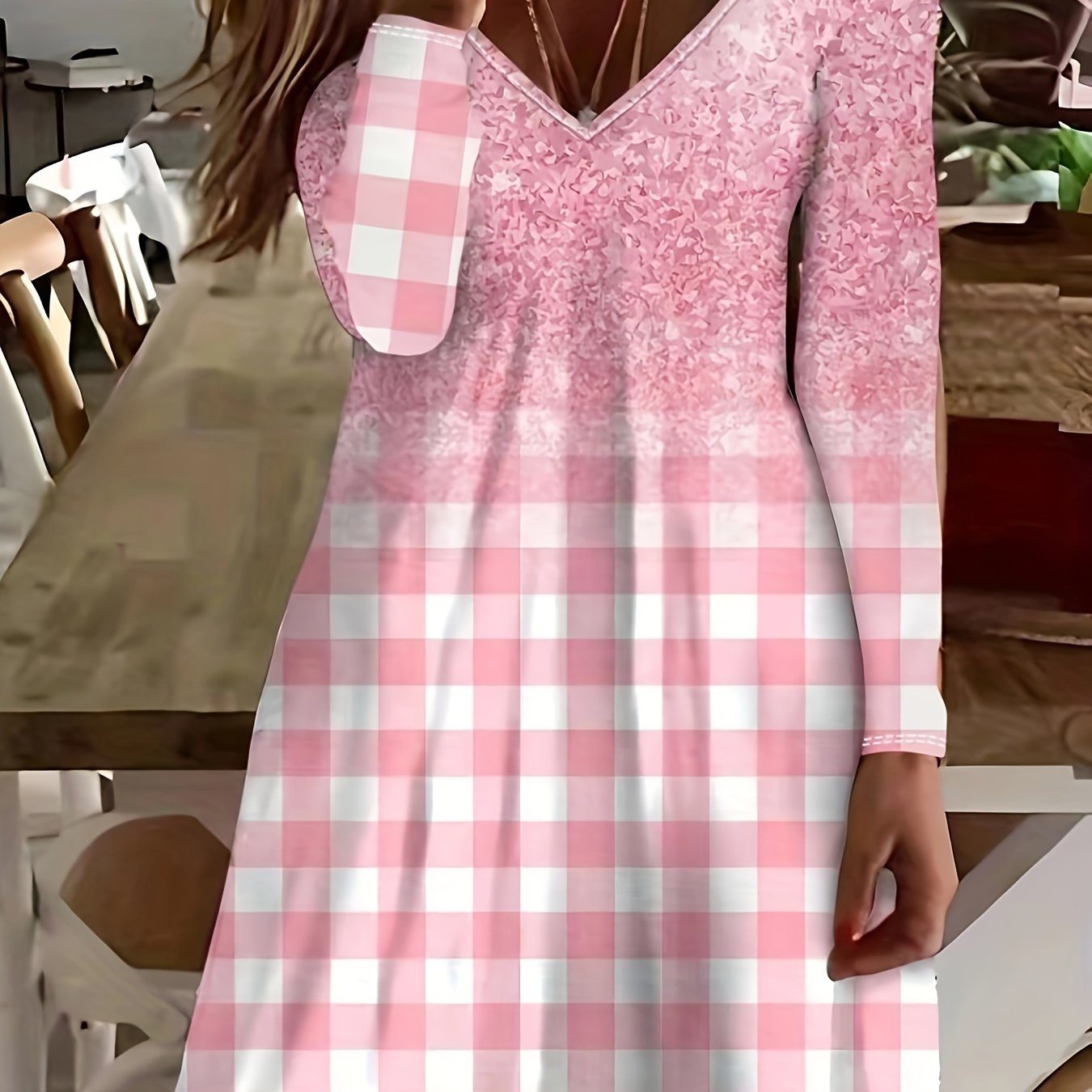 Ombre Plaid Print Long Sleeve V Neck Dress