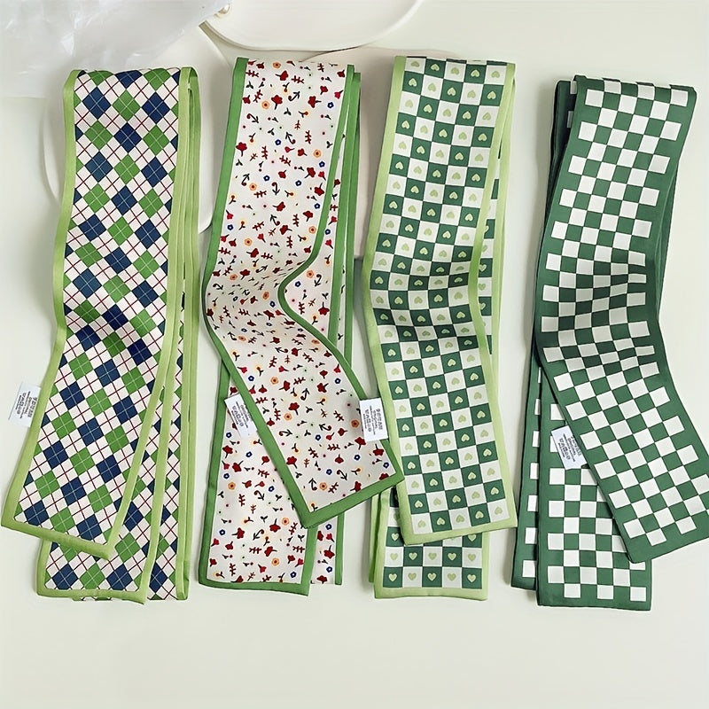 Green Print Skinny Scarf Neckerchief Floral Polka Dot Plaid Pattern Neck Tie