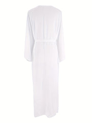 Solid Long Sleeve Open Front Long Cardigan With Belt