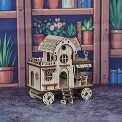 3D Wooden Puzzle Villa House Mobile House with Wheels Model of a Wooden Caf Bar