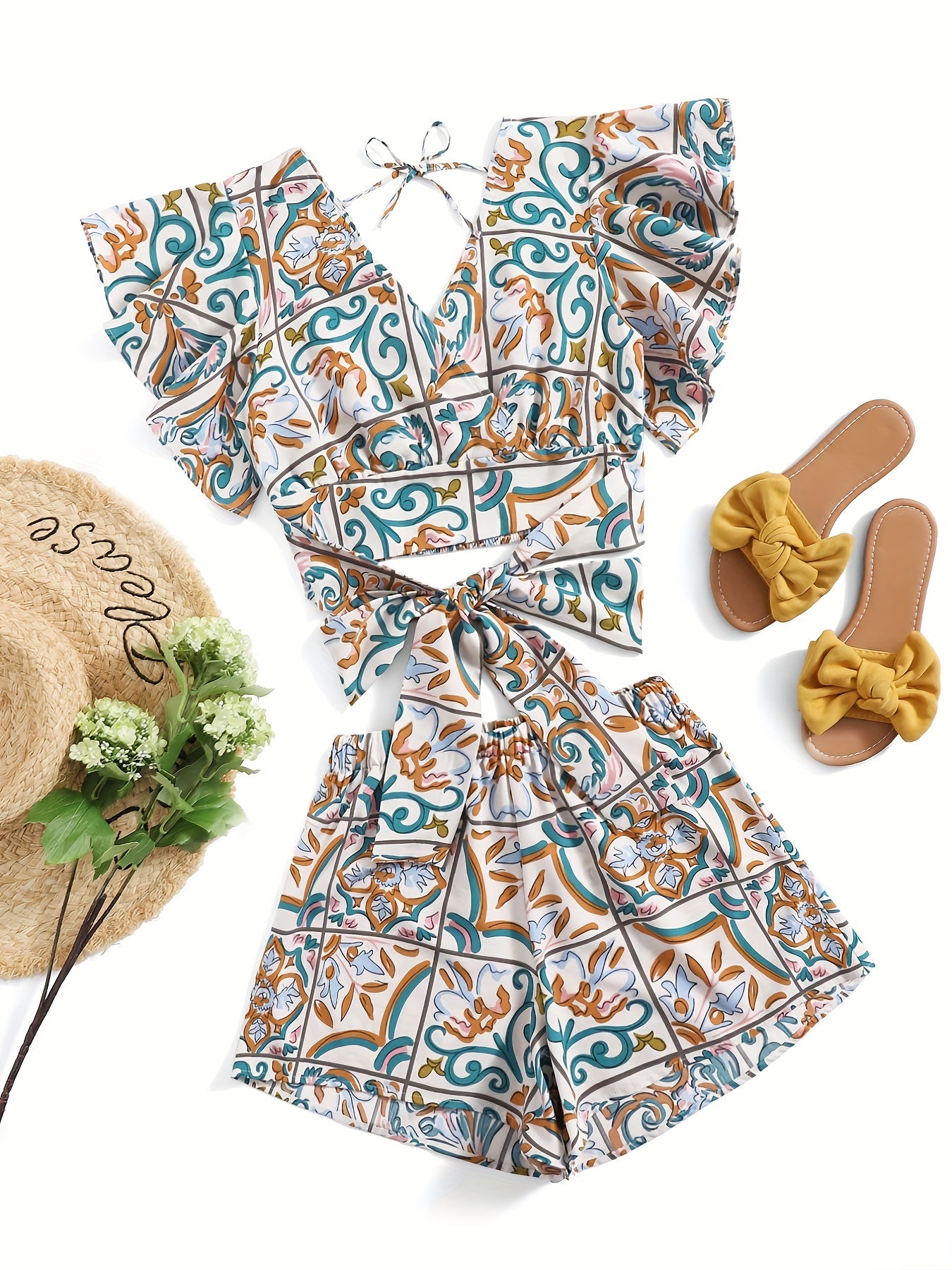 Floral Print Two Piece Set Ruffle Trim V Neck Tops & Elastic Waist Shorts