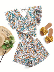 Floral Print Two Piece Set Ruffle Trim V Neck Tops & Elastic Waist Shorts