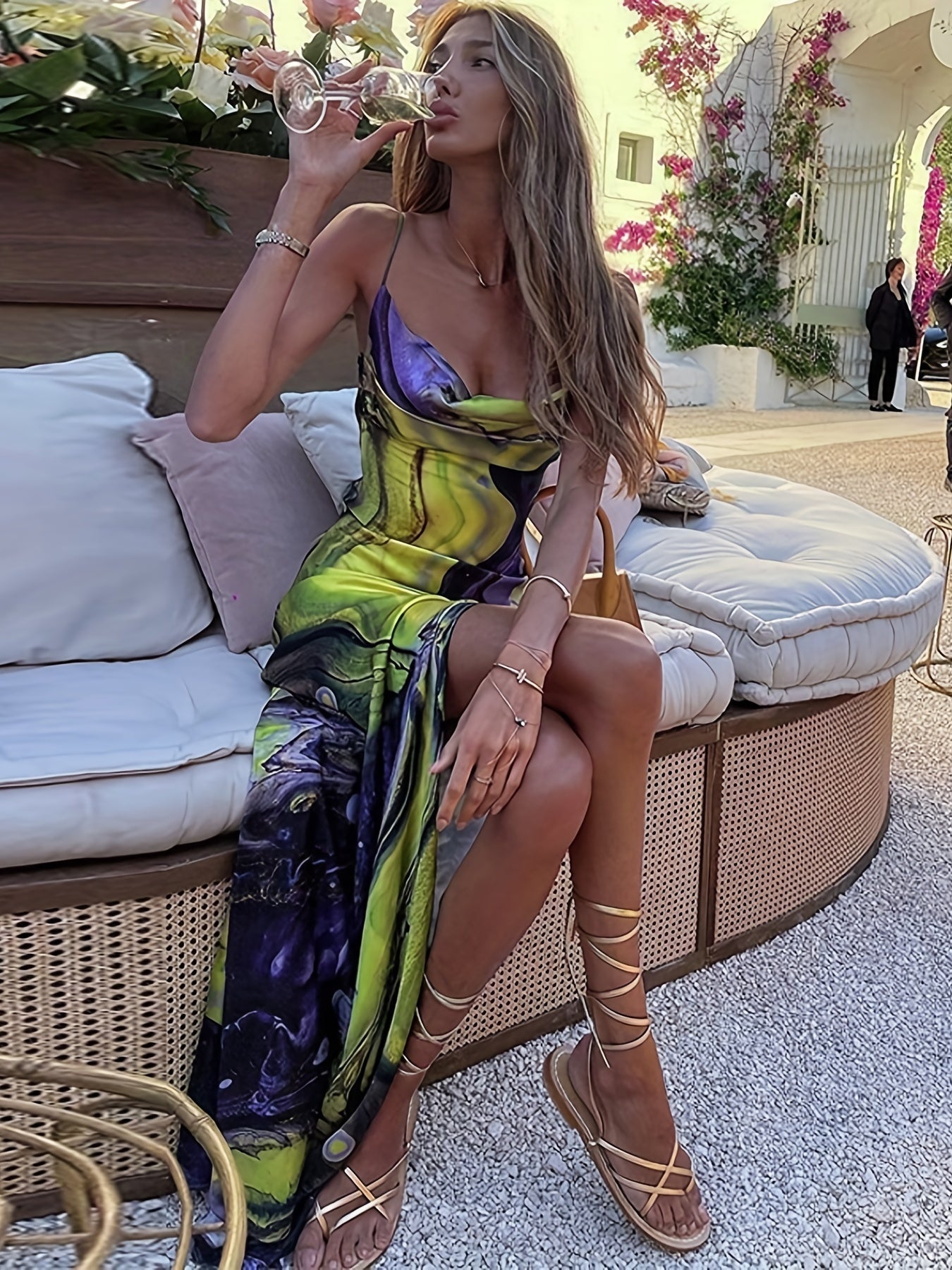 Abstract Print Split Thigh Cami Dress Women's Party Dress