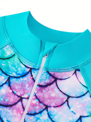 Mermaid Swimsuit Fish Scale Print Long Sleeve Bathing Suit UPF 50