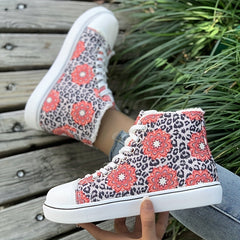 Floral & Leopard Print High Top Canvas Sneakers Lace Up Skate Shoes