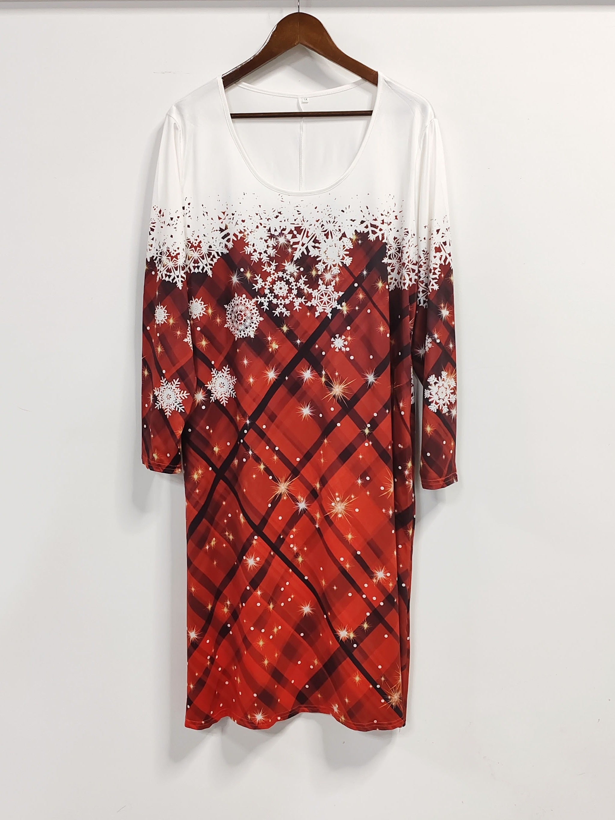 Women's Snowflake & Plaid Print Long Sleeve Dress