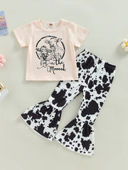 Girls Cow Print T shirt & Flared Pants Set For Summer