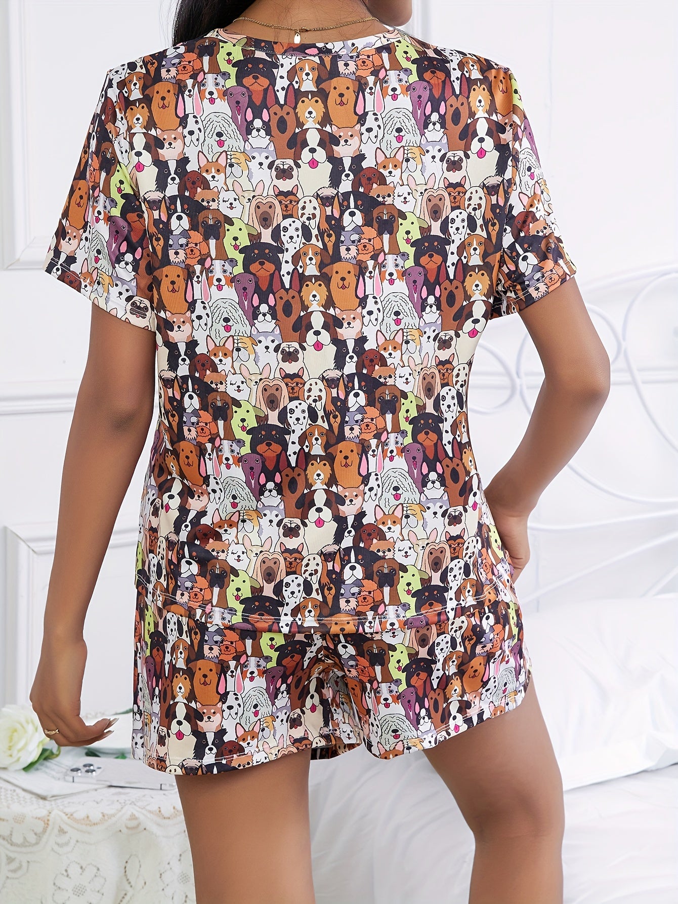 Cartoon Animal Print Pajama Set Short Sleeve Top & Shorts