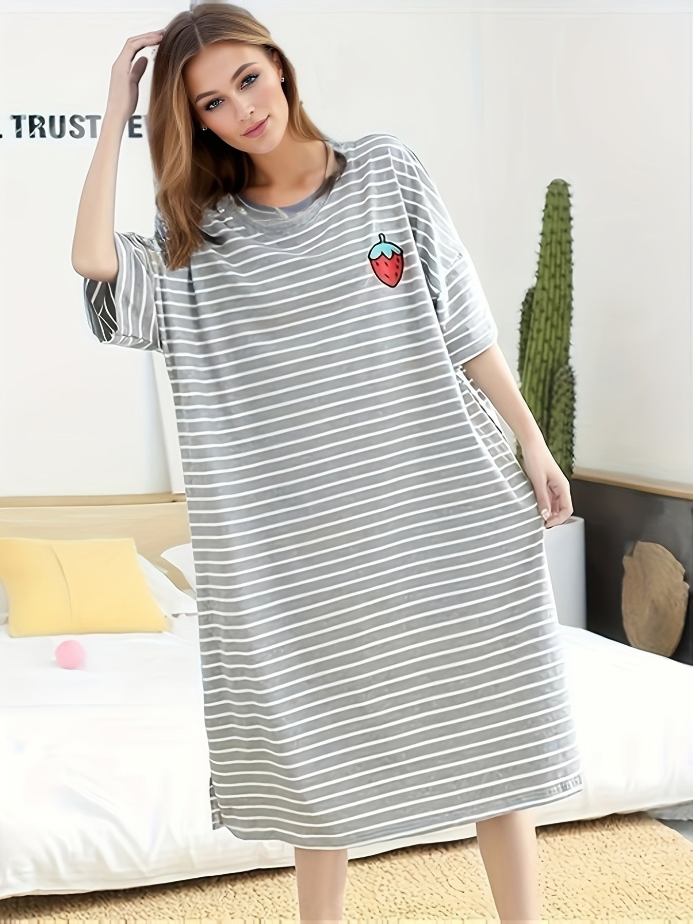Strawberry Print Lounge Dress Short Sleeve Crew Neck Striped Home Dress
