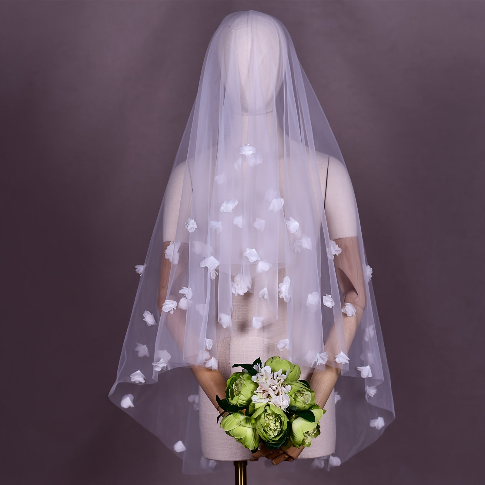 Romantic Floral Bridal Veil Hair Comb Double Layer 3D Flower Nylon