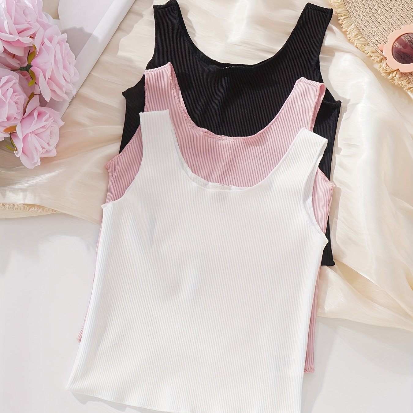 3pcs Toddler Girls Ribbed Tank Top Kids Summer Clothes