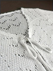 Solid Pointelle Scallop Trim Short Sleeve V Neck Crop Cardigan
