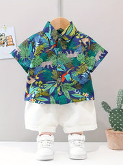 2pcs Baby Boys Leaf Print Shirt & Shorts Set