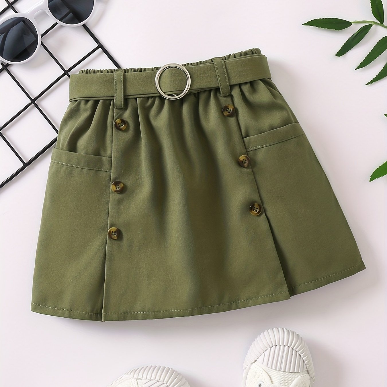 Girls Belted Skirt Casual Tunic Button Elastic Waist Preppy Skirts