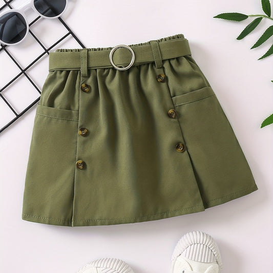Girls Belted Skirt Casual Tunic Button Elastic Waist Preppy Skirts