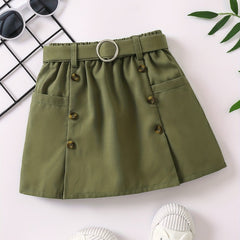 Girls Belted Skirt Casual Tunic Button Elastic Waist Preppy Skirts