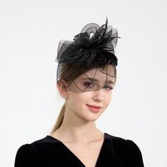 Mesh Veil Hat with Feather Accents