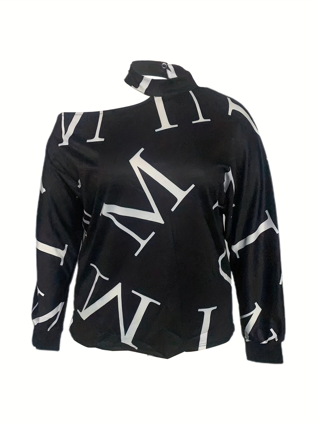 Casual Blouse Women's Plus Letter Print Long Sleeve One Shoulder Top