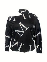 Casual Blouse Women's Plus Letter Print Long Sleeve One Shoulder Top