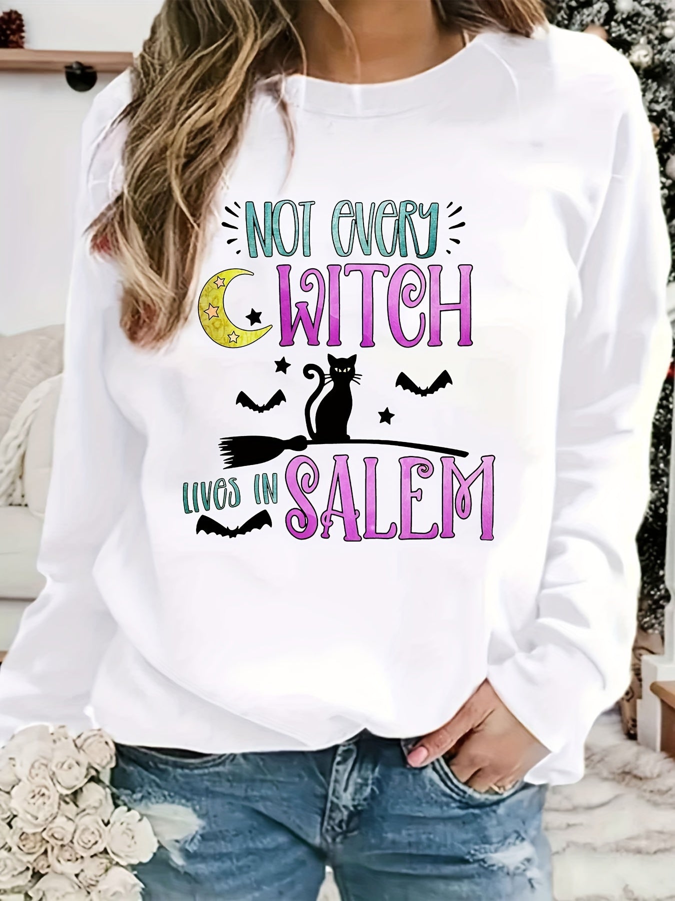 Halloween Witch Print Loose Sweatshirt Casual Long Sleeve Crew Neck