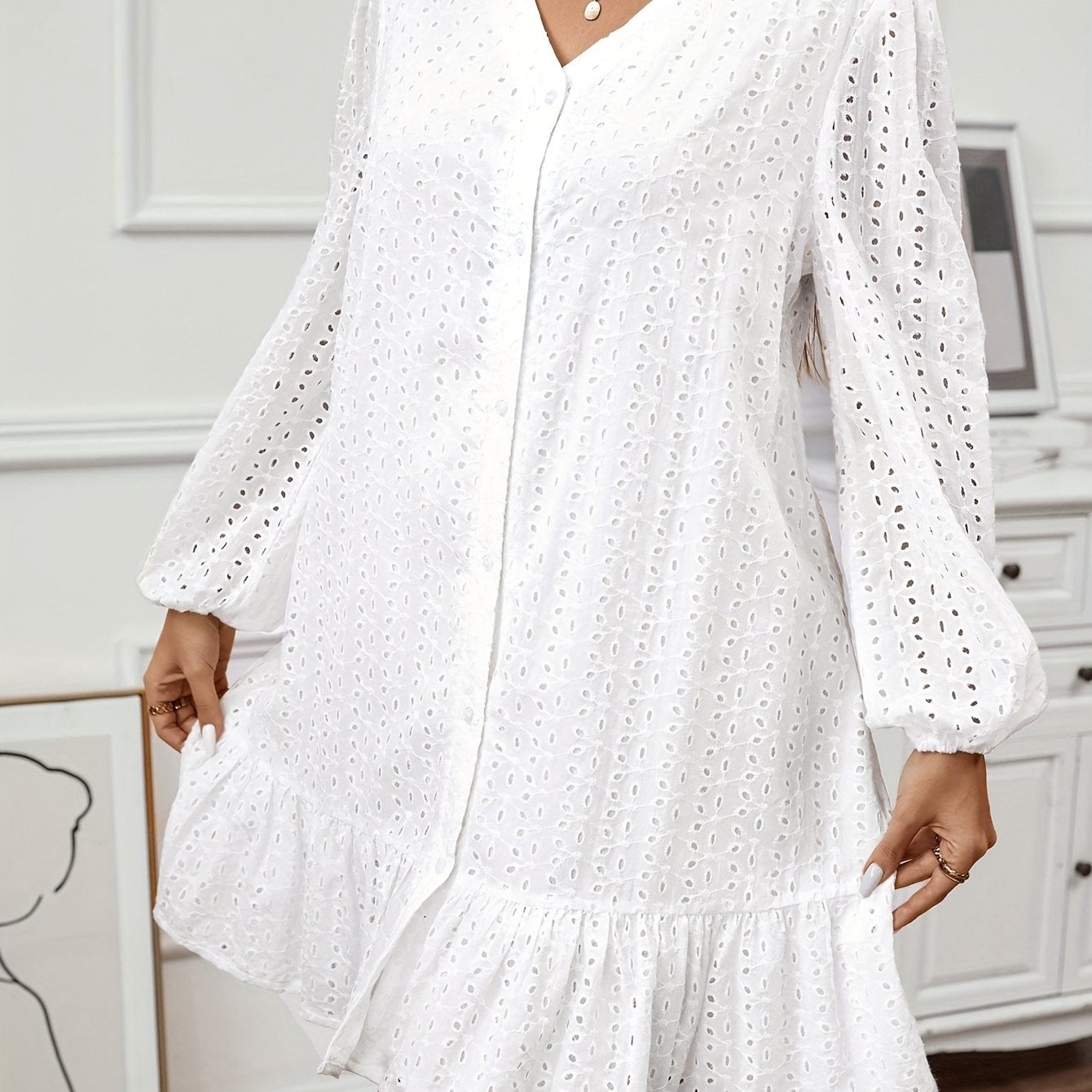Solid Hollow Out Long Sleeve V Neck Button Up Dress