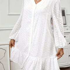 Solid Hollow Out Long Sleeve V Neck Button Up Dress