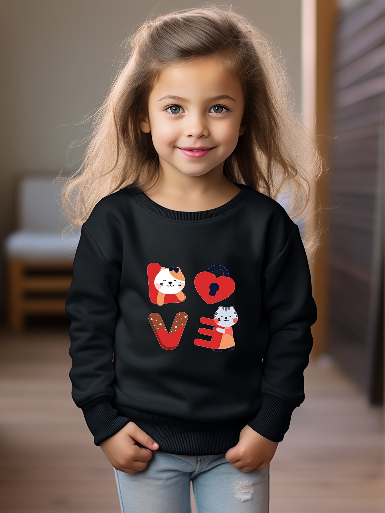 Cats And LOVE Letter Print Girls Pullover Sweatshirt