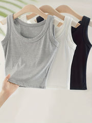 3pcs Ribbed Tank Tops Crew Neck All match Women's Lingerie