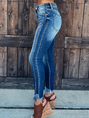 Washed Fringe Trim High Stretch Skinny Jeans