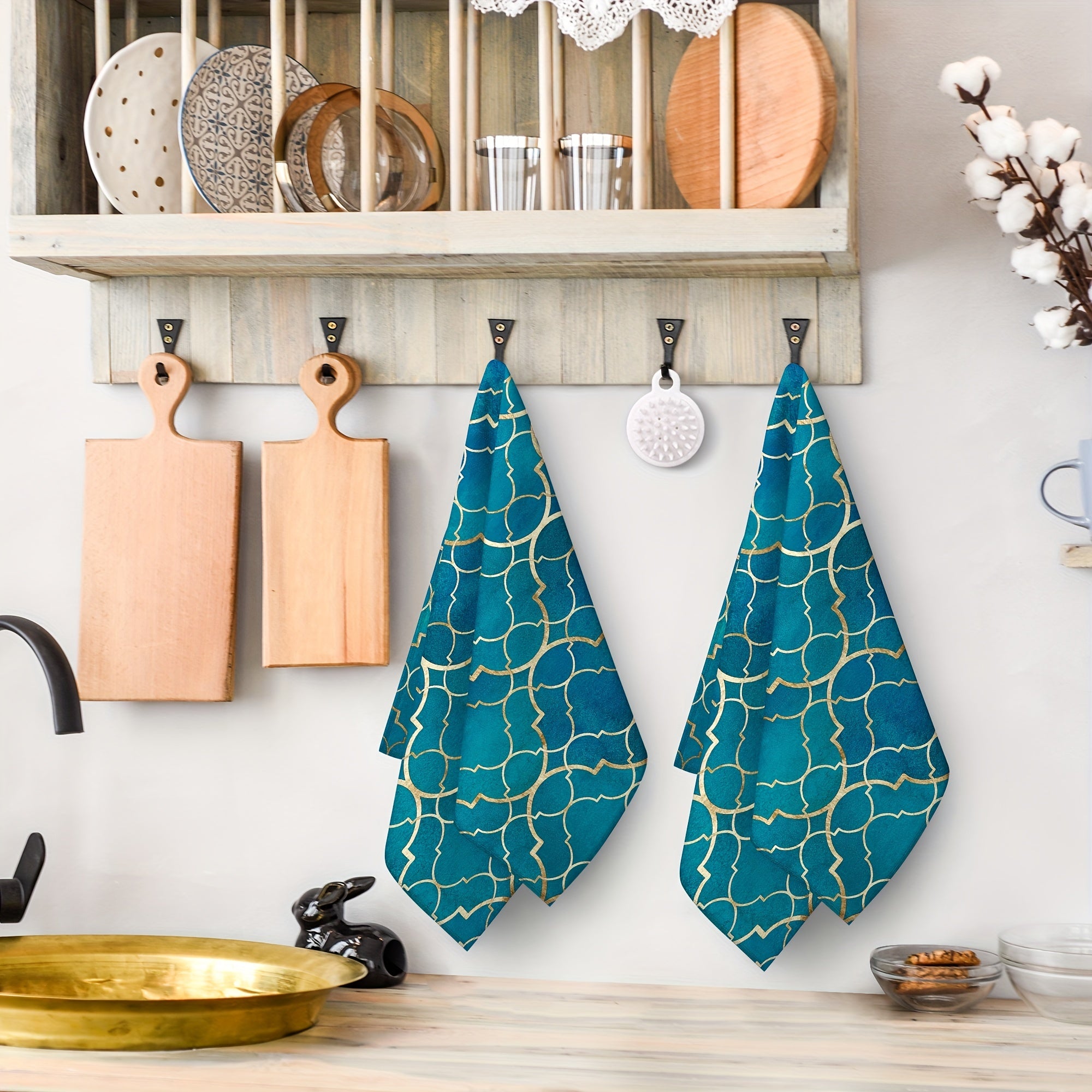 2pcs Teal Moroccan Geometry Ramadan Kitchen Towels Set