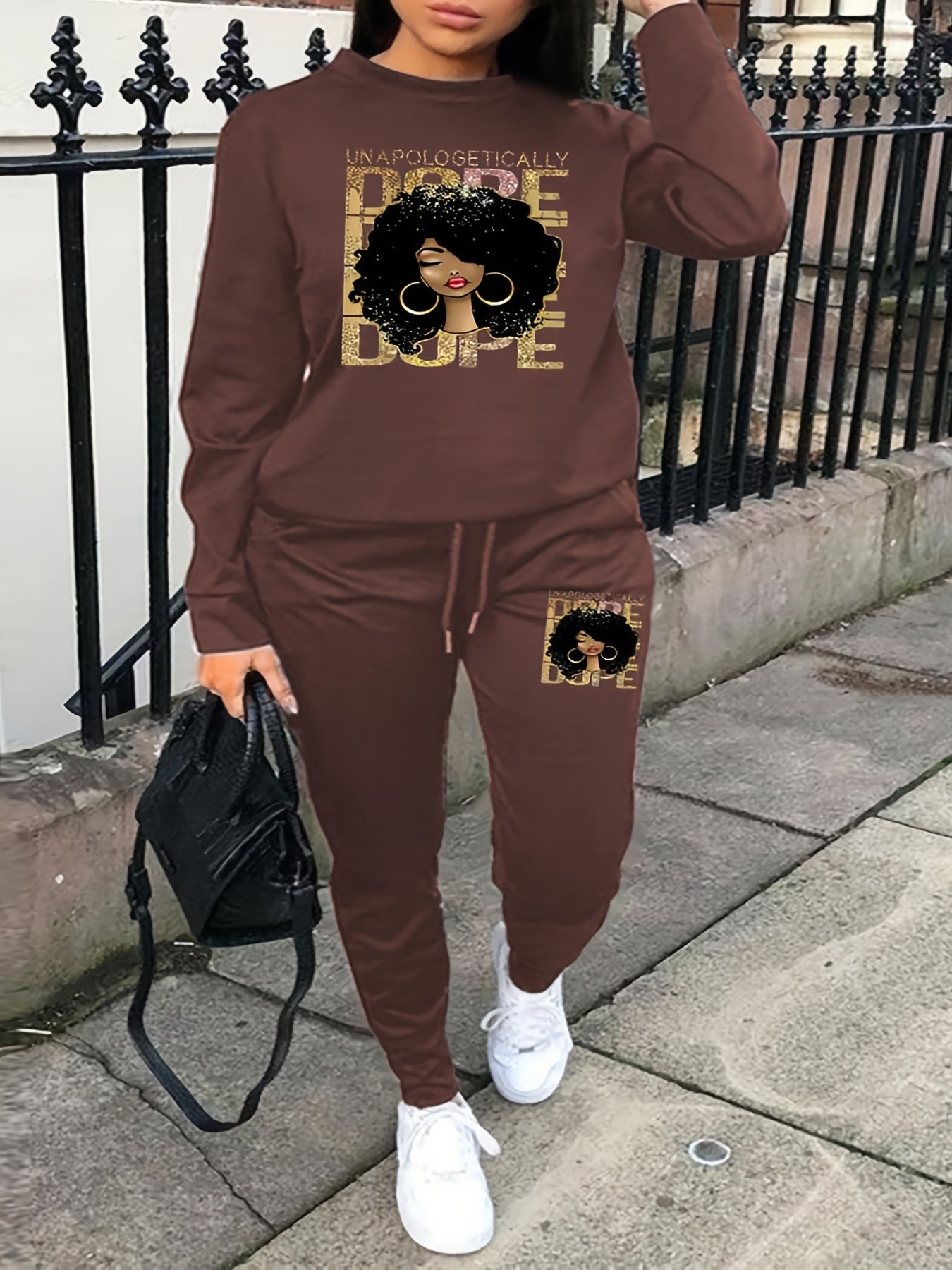 Figure Print Sweatshirt & Drawstring Sweatpants Set Women's Plus