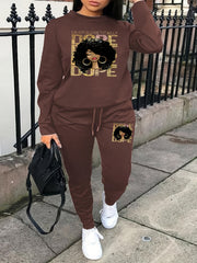Figure Print Sweatshirt & Drawstring Sweatpants Set Women's Plus